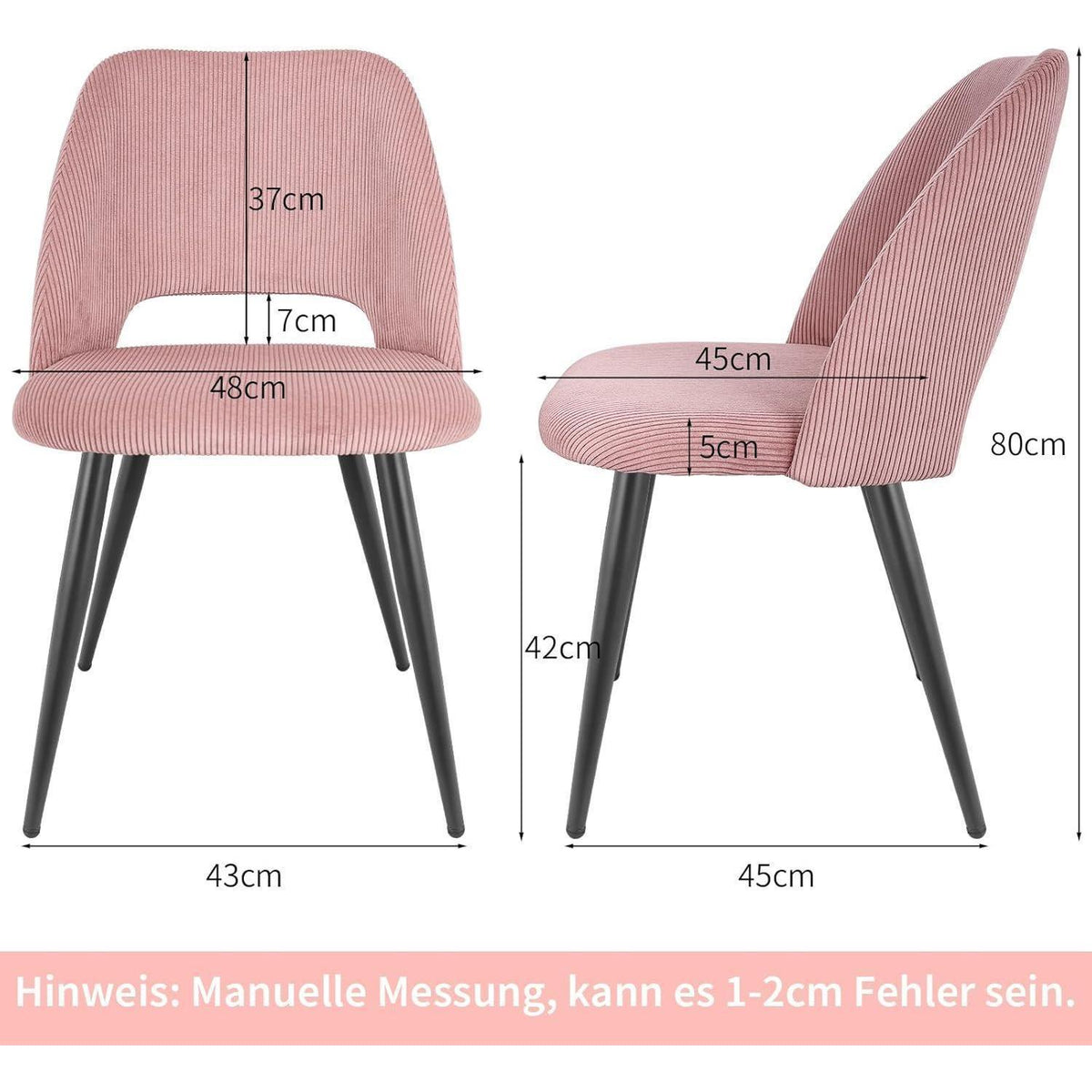 2er Set Esszimmerstühle Rosa Cordstoff, Ergonomisch & Robust