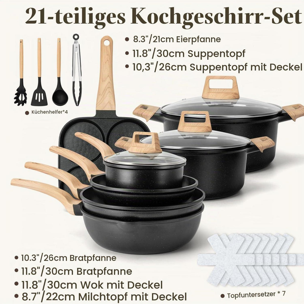 21-teiliges Antihaft Topfset Induktion – Kochgeschirr Set mit Deckel