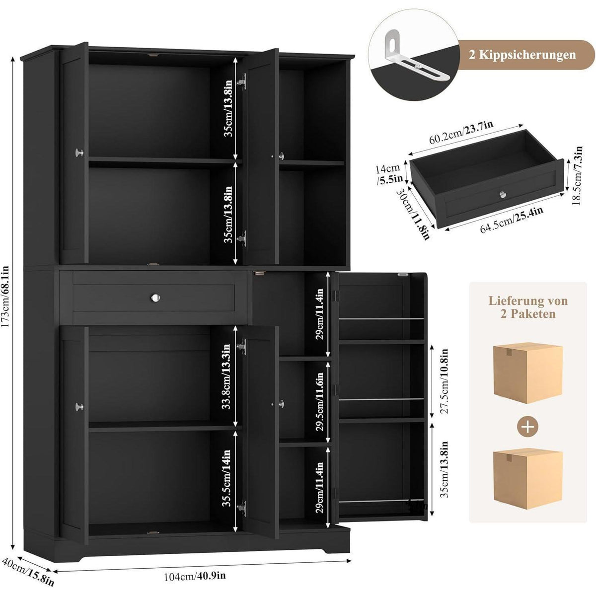 Küchenschrank mit Gewürzregal & 5 Türen – Buffet & Hochschrank Schwarz