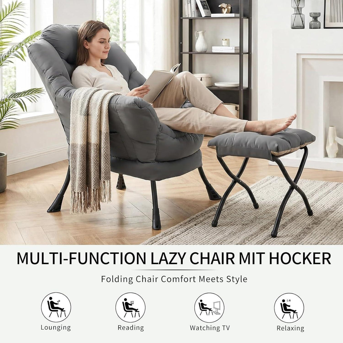 Clevich Ohrensessel mit Hocker – Bequemer Lazy Chair für Wohnzimmer