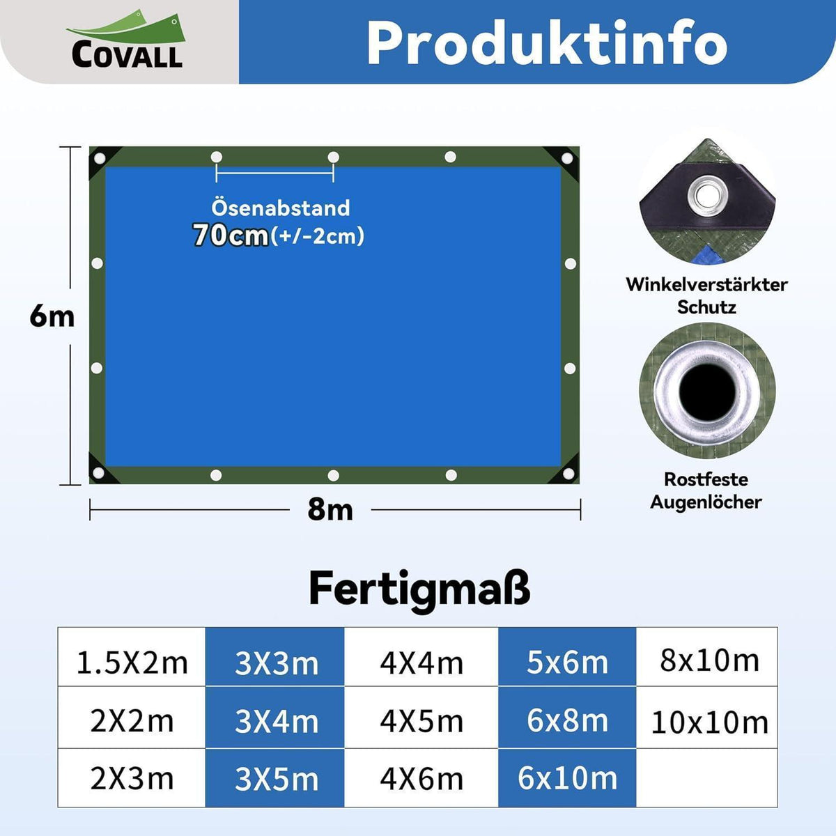 Abdeckplane Blau 6x8m – Reißfest, UV-Schutz & Rostfreie Ösen
