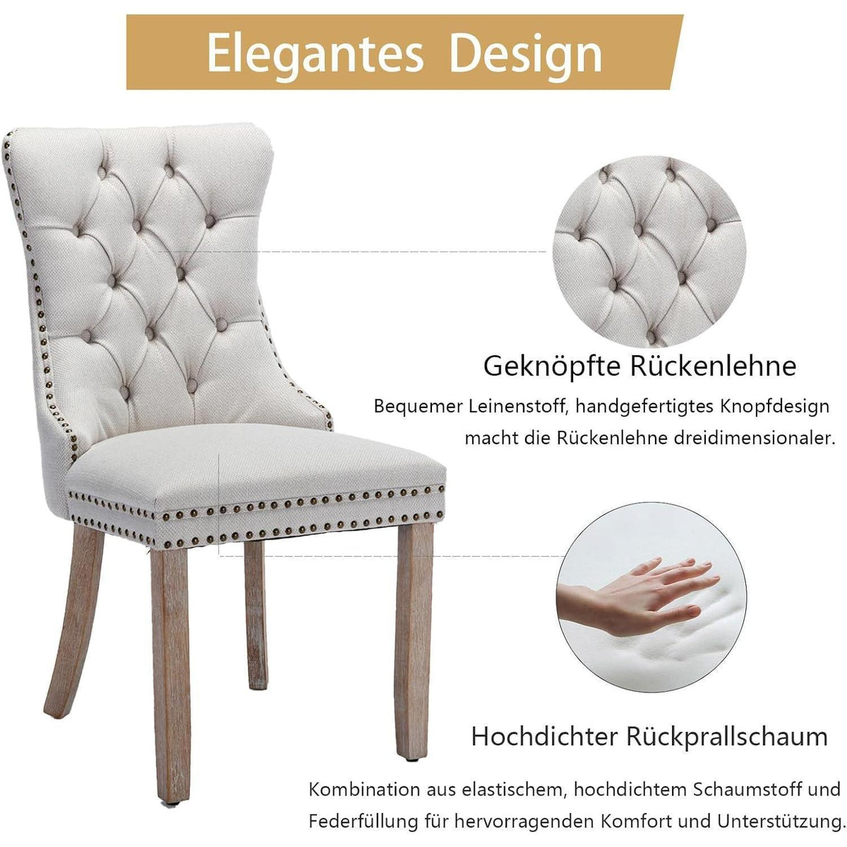 Gepolsterte Esszimmerstühle 6er Set, Beige Leinenstoff