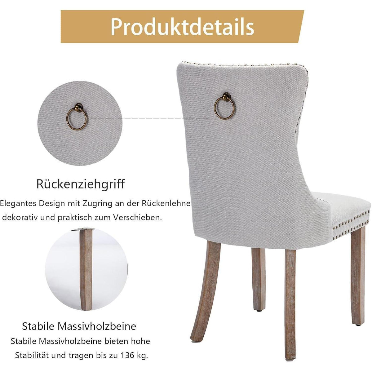 Gepolsterte Esszimmerstühle 6er Set, Beige Leinenstoff