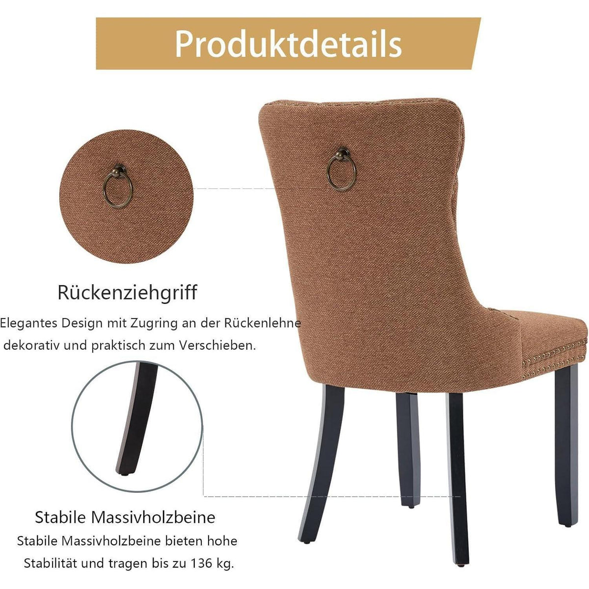 Gepolsterte Esszimmerstühle 8er Set, Braun, Leinenstoff