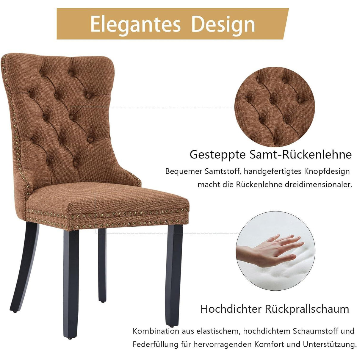 Gepolsterte Esszimmerstühle 6er Set, Braun, Leinenstoff