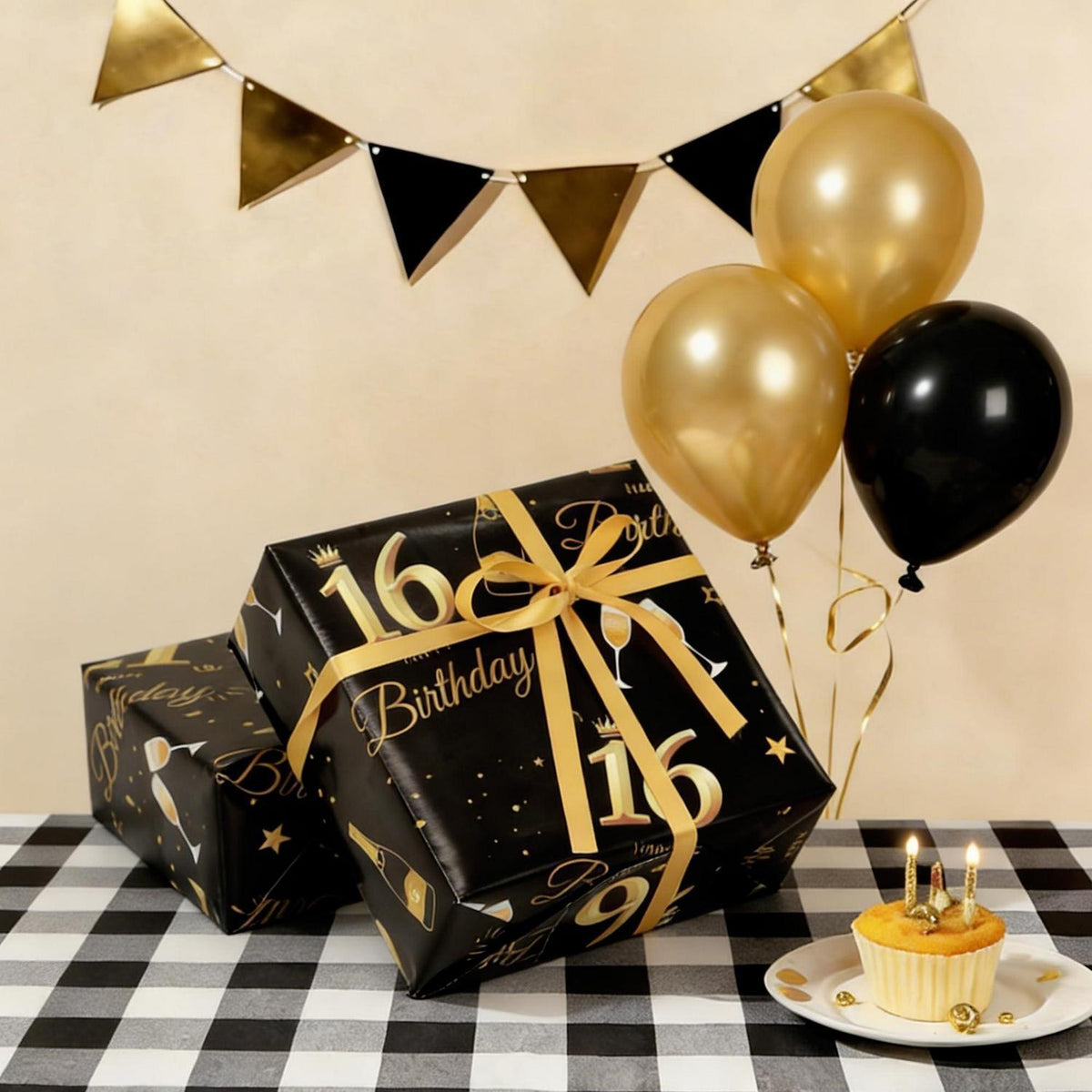 Geschenkpapier 16. Geburtstag Schwarz Gold 6 Bögen