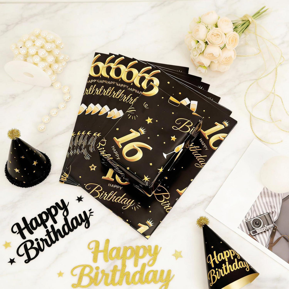Geschenkpapier 16. Geburtstag Schwarz Gold 6 Bögen