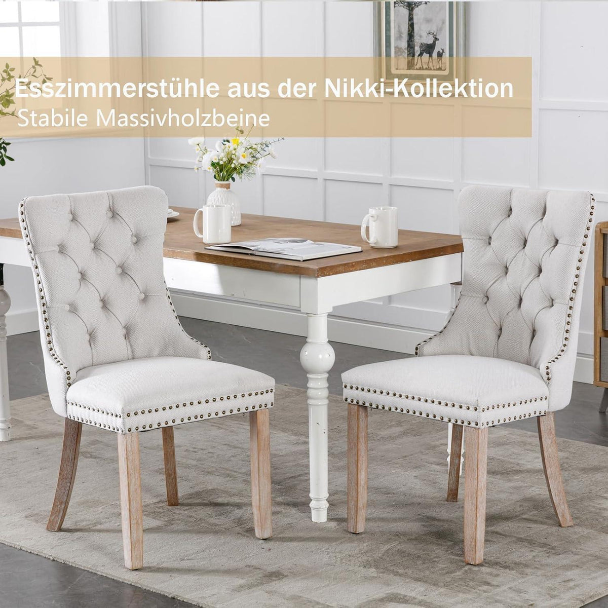 Gepolsterte Esszimmerstühle 8er Set, Beige Leinenstoff