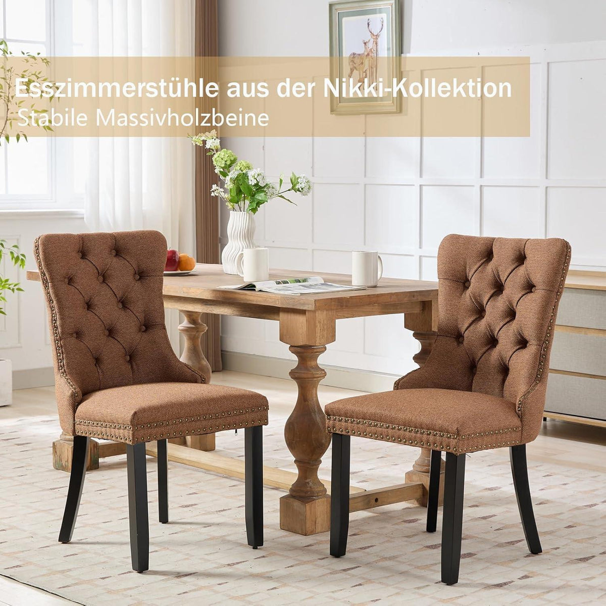 Gepolsterte Esszimmerstühle 2er-Set, Braun, Leinenstoff
