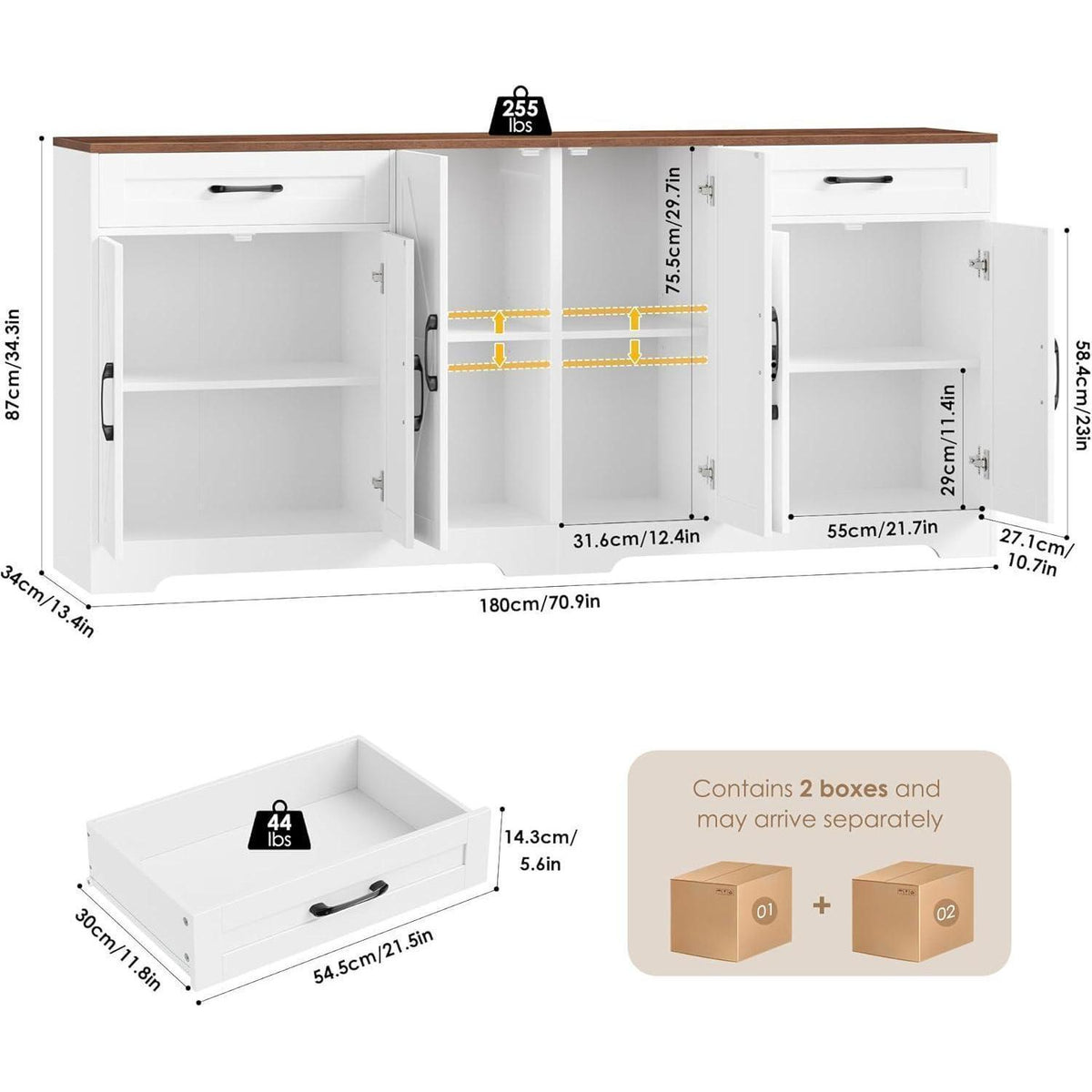 180cm Sideboard mit Arbeitsplatte – Weißes Küchenbuffet mit 6 Türen
