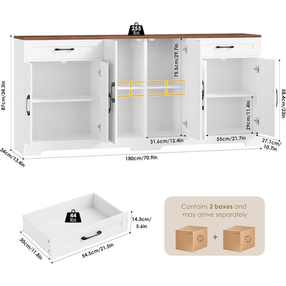 180cm Sideboard mit Arbeitsplatte – Weißes Küchenbuffet mit 6 Türen
