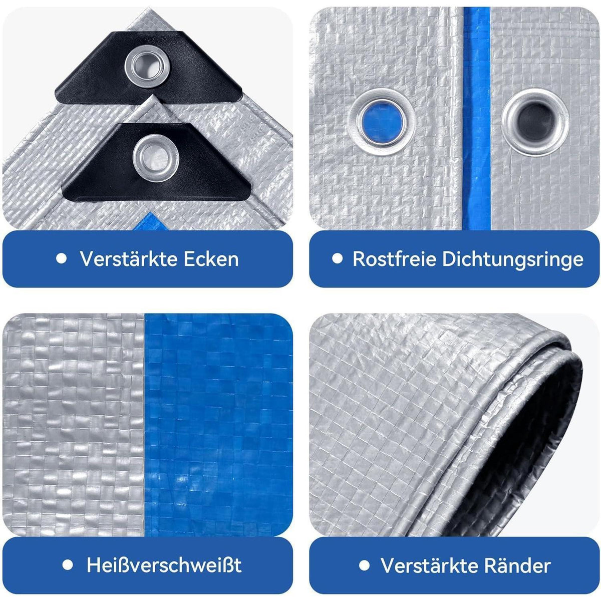 Wasserdichte Plane 8x8m – UV- & Reißfest, Silber/Blau