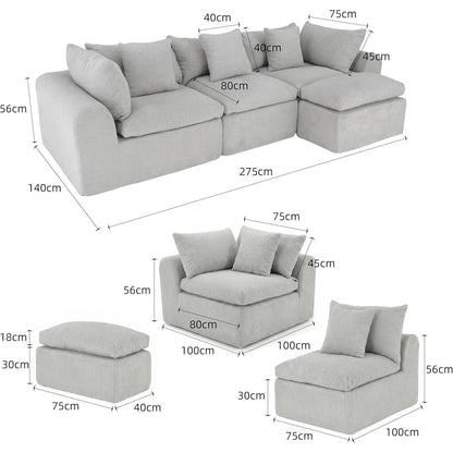 275cm L-förmiges Schlafsofa, 4-Sitzer Cloud-Velours Grau