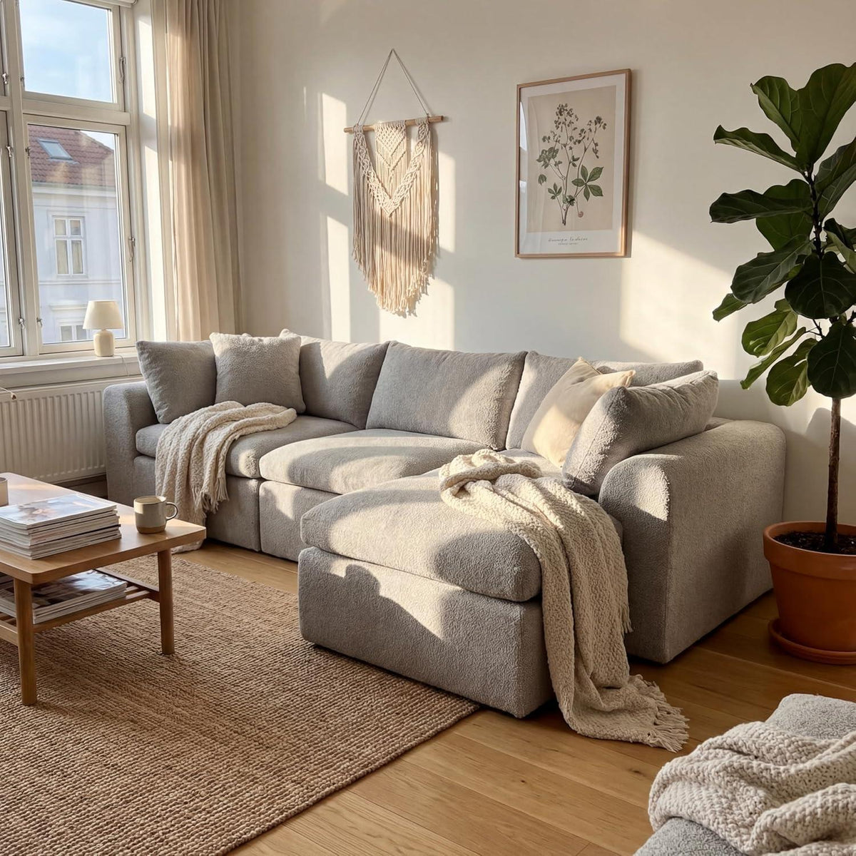 275cm L-förmiges Schlafsofa, 4-Sitzer Cloud-Velours Grau