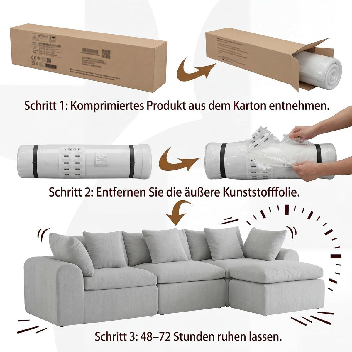 275cm L-förmiges Schlafsofa, 4-Sitzer Cloud-Velours Grau