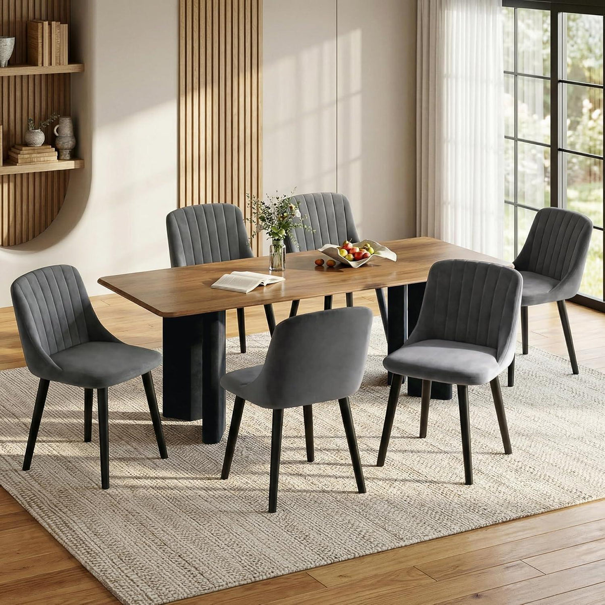 Esszimmerstühle Set 4er Schwarz/Dunkelgrau Samt Holzbeine