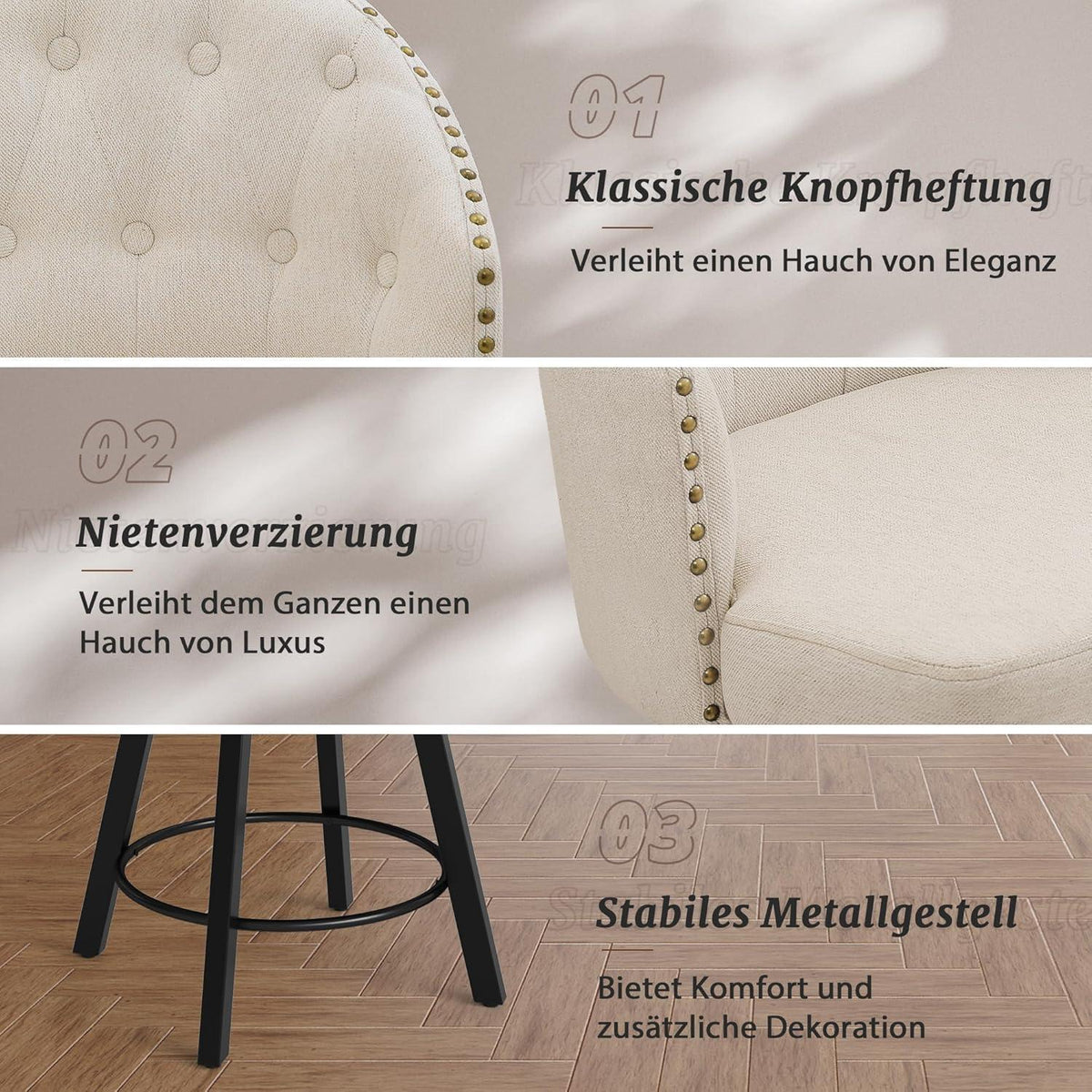 Drehbarer Barhocker BONA – Leinenfarben, 65cm Höhe