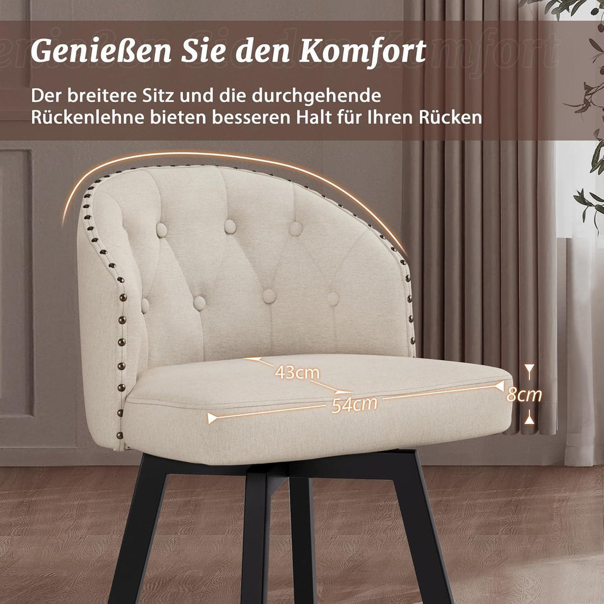 Drehbarer Barhocker BONA – Leinenfarben, 65cm Höhe