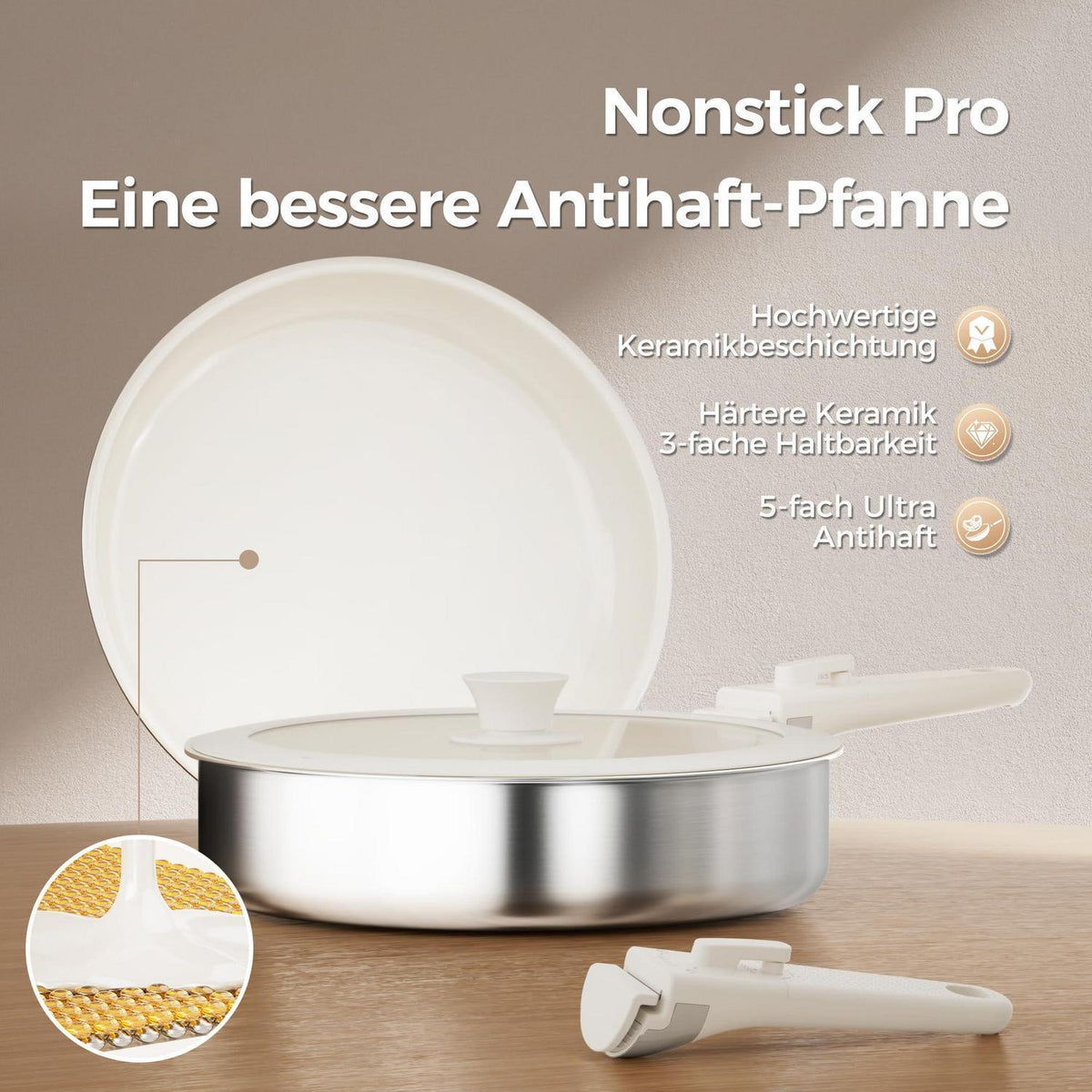 21-teiliges Topfset mit abnehmbarem Griff – Antihaft Keramik Weiß