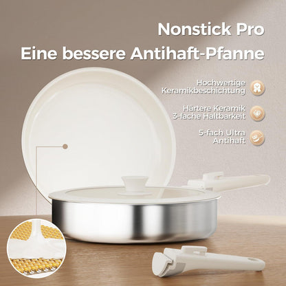 21-teiliges Topfset mit abnehmbarem Griff – Antihaft Keramik Weiß