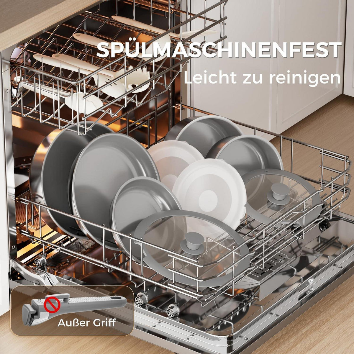 21-teiliges Topfset mit abnehmbarem Griff – Grau