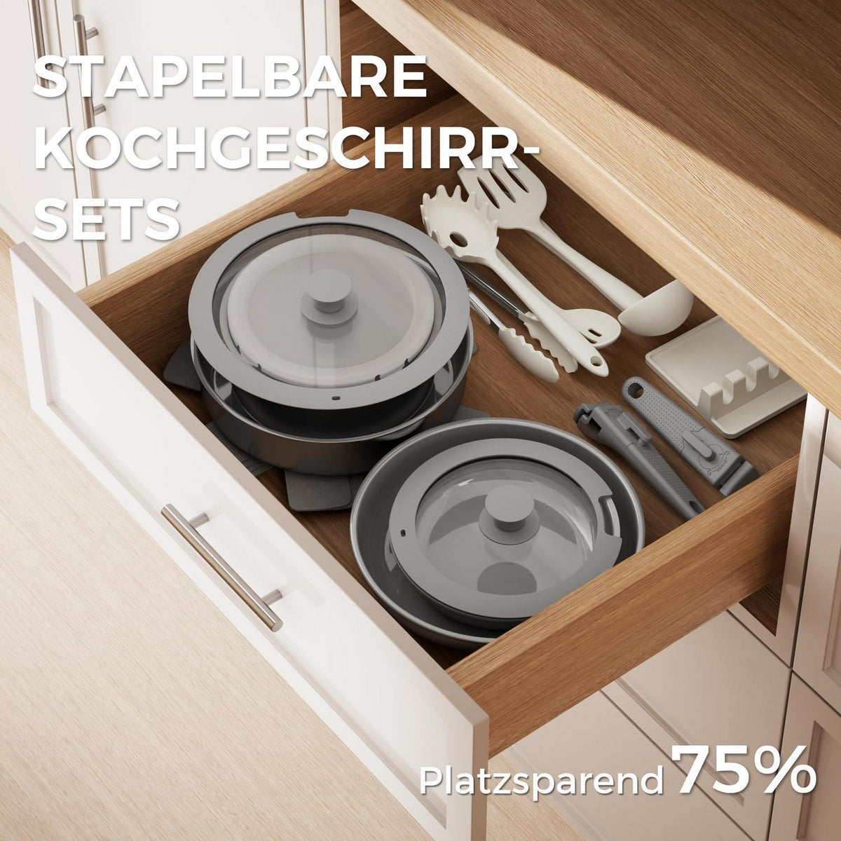 21-teiliges Topfset mit abnehmbarem Griff – Grau
