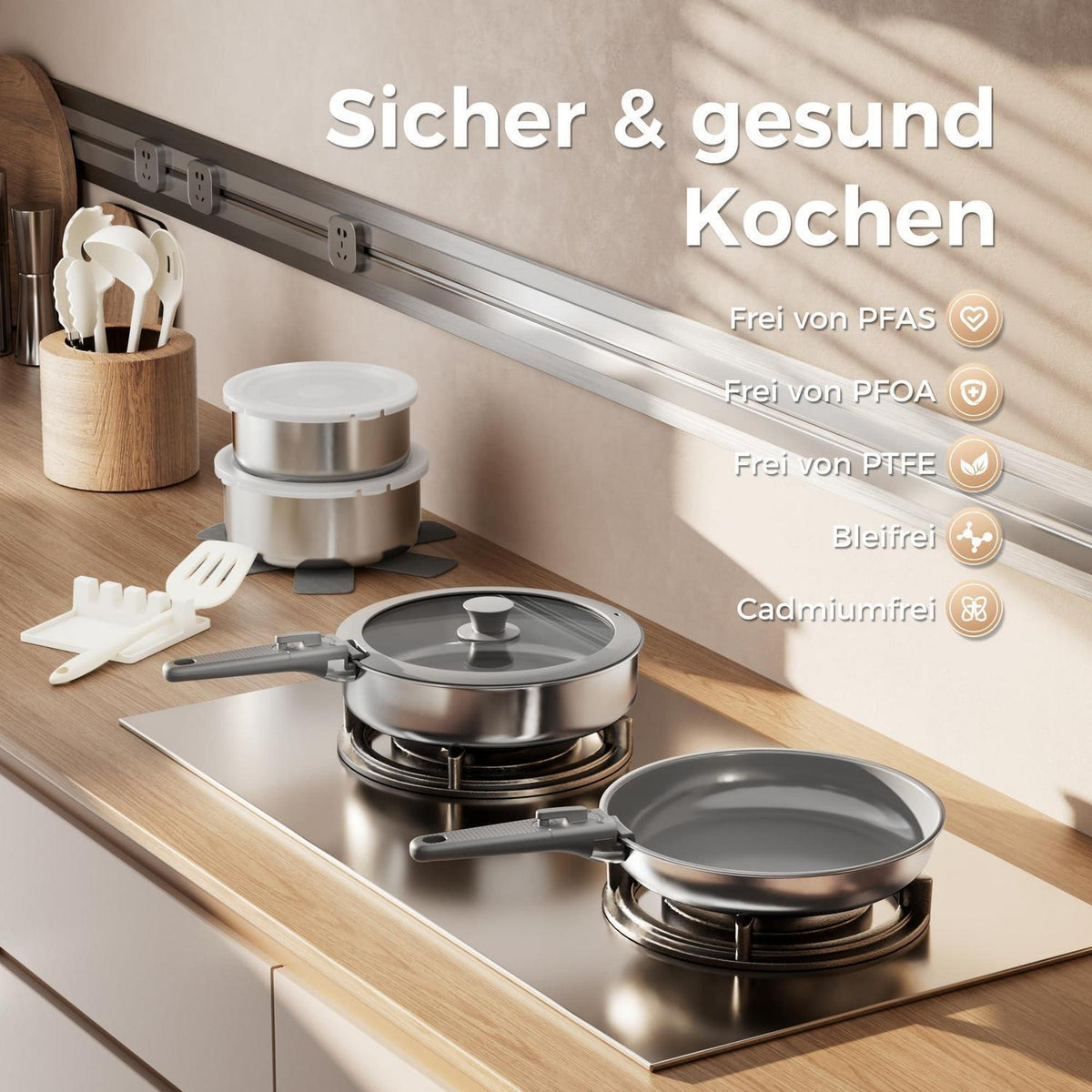 21-teiliges Topfset mit abnehmbarem Griff – Grau