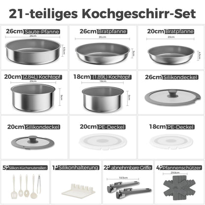 21-teiliges Topfset mit abnehmbarem Griff – Grau
