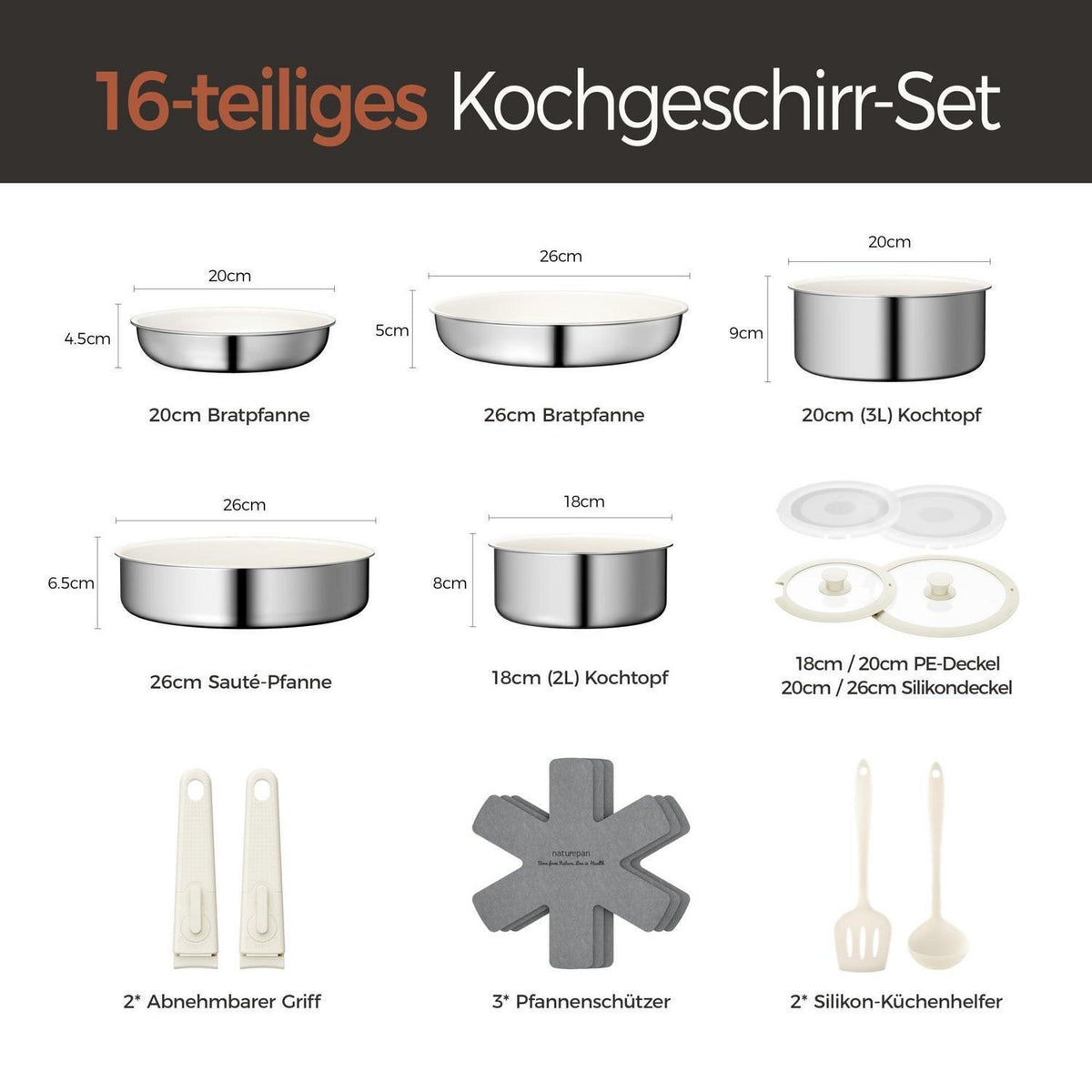 16-teiliges Antihaft-Kochset aus Edelstahl & Keramik