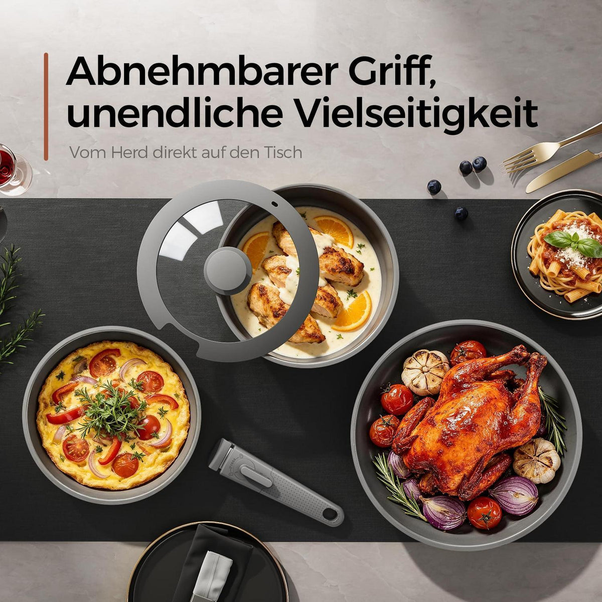5-teiliges Antihaft Keramik Pfannenset mit abnehmbarem Griff