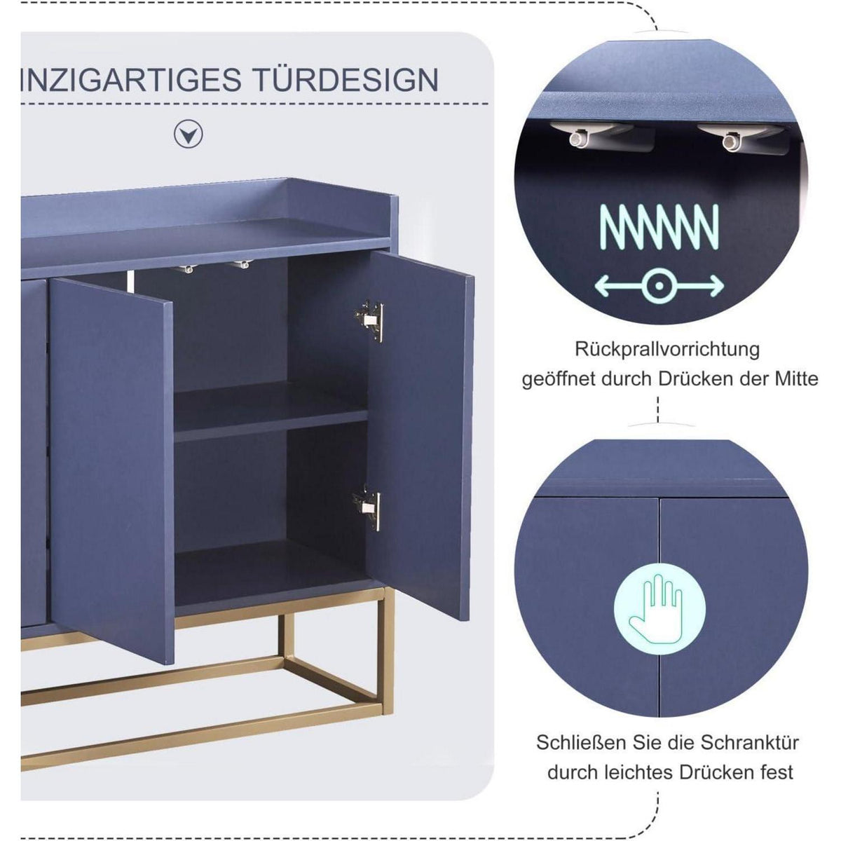 Schmaler Sideboard Blau 120x30x80cm | Grifflos & Verstellbar
