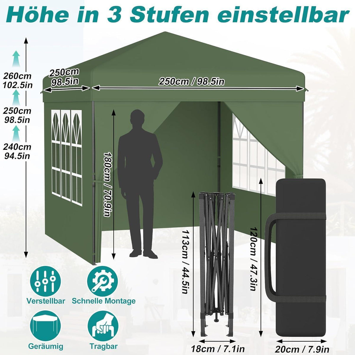 Pop-Up Pavillon 2,5x2,5m mit Seitenwänden & One-Touch Lift