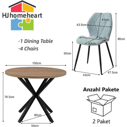 Runder Esstisch 100cm mit 4 modernen Leinenstühlen (Helle + Mint)