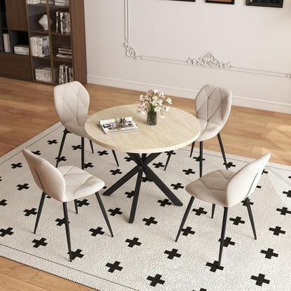 Runder Esstisch Set 100cm & 4 Moderne Leinenstühle (Gelb/Khaki)