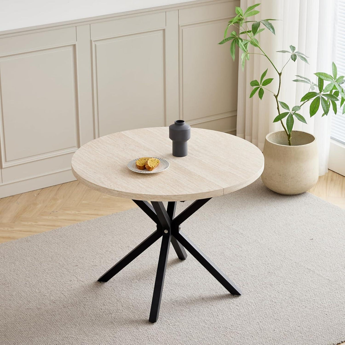 Runder Esstisch Set 100cm & 4 Moderne Leinenstühle (Gelb/Khaki)