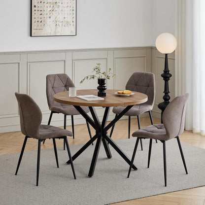 Runder Esstisch Set 100cm & 4 Moderne Leinenstühle Braun