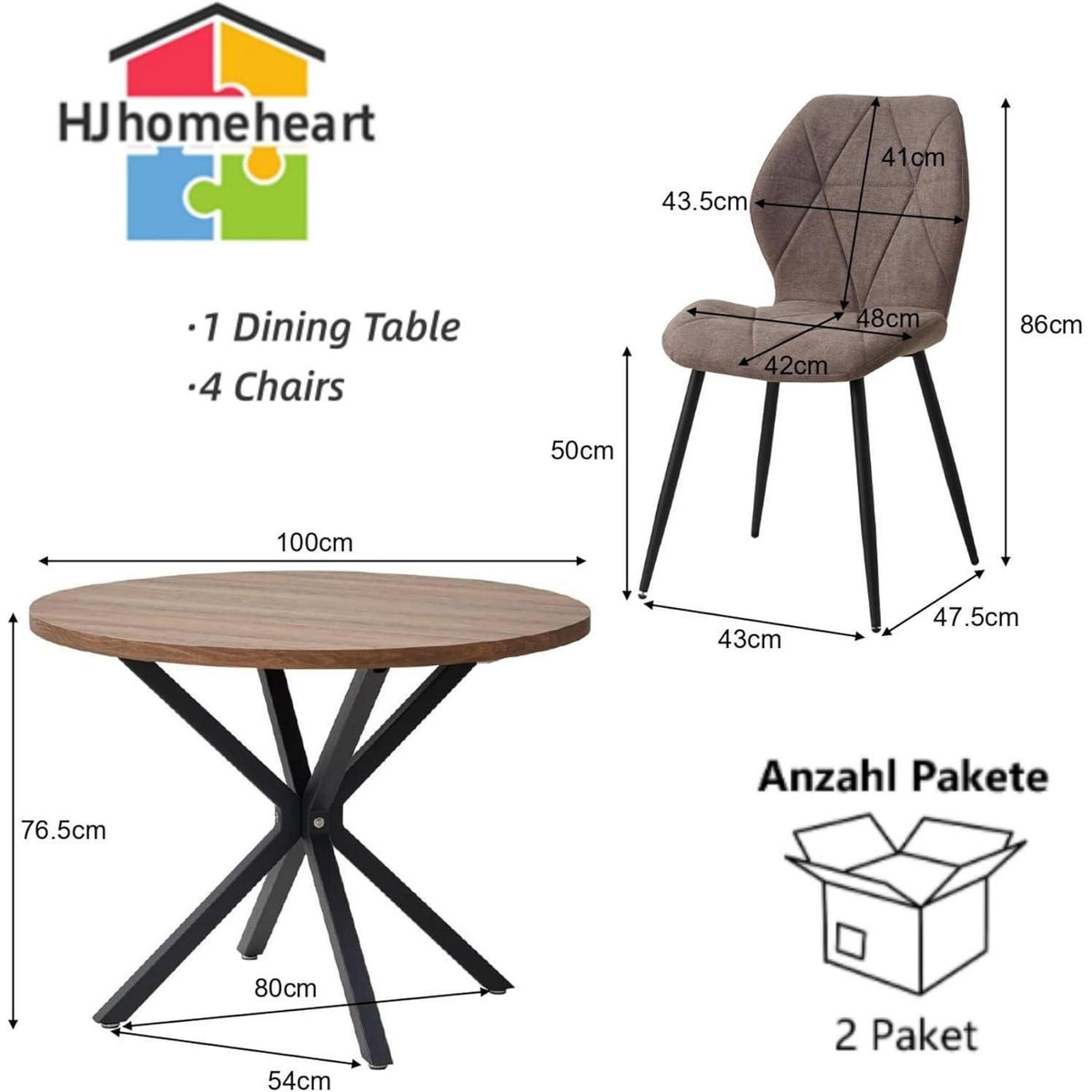 Runder Esstisch Set 100cm & 4 Moderne Leinenstühle Braun
