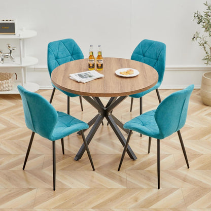 Runder Esstisch Set 100cm & 4 Moderne Leinenstühle Dunkelblau