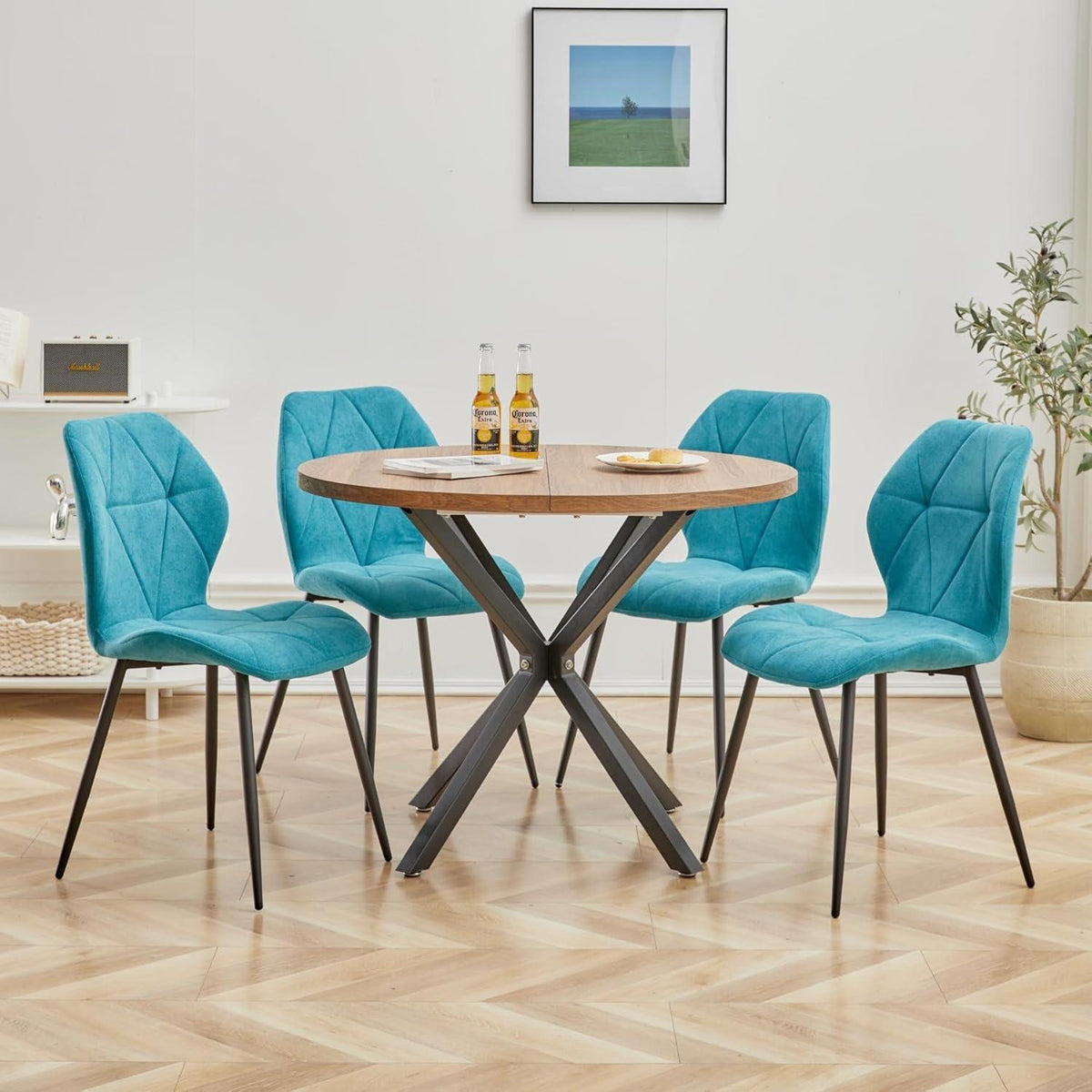 Runder Esstisch Set 100cm & 4 Moderne Leinenstühle Dunkelblau