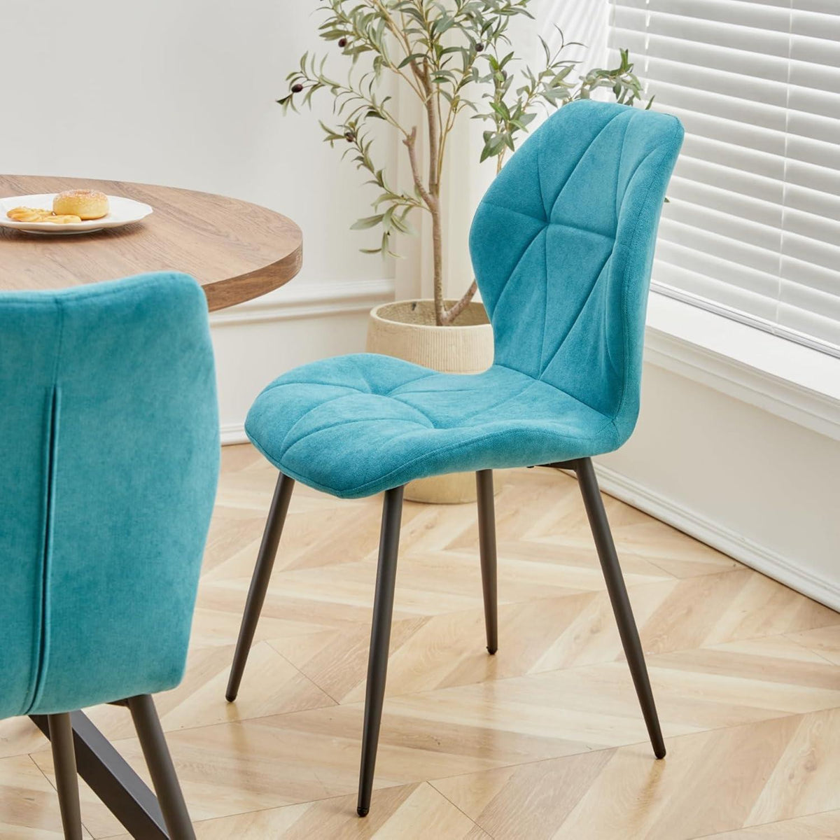 Runder Esstisch Set 100cm & 4 Moderne Leinenstühle Dunkelblau