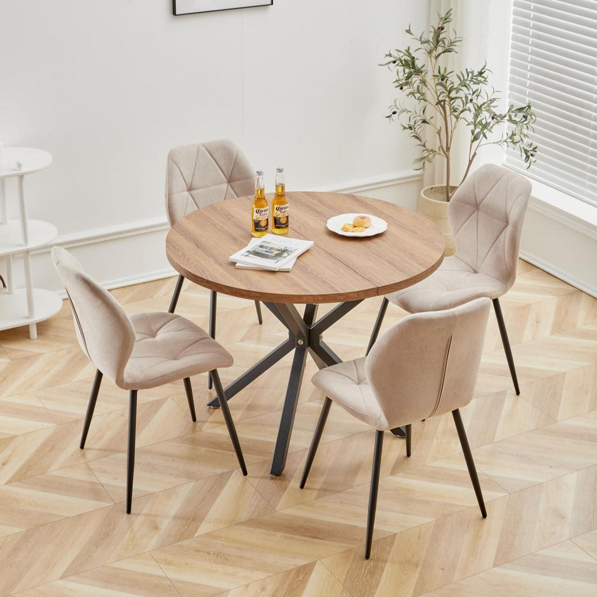 Runder Esstisch Set 100cm & 4 Moderne Leinenstühle Dunkel+Khaki