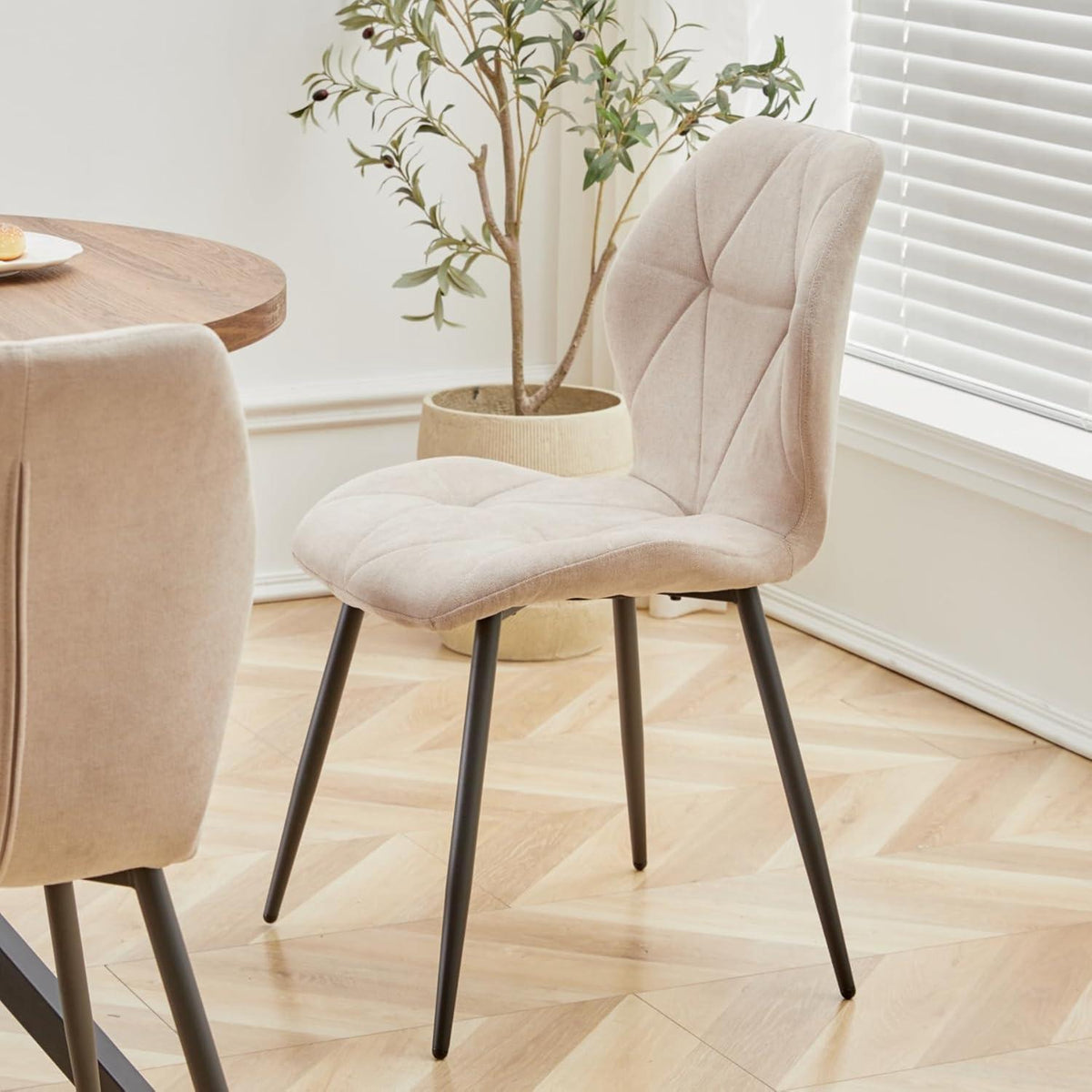 Runder Esstisch Set 100cm & 4 Moderne Leinenstühle Dunkel+Khaki