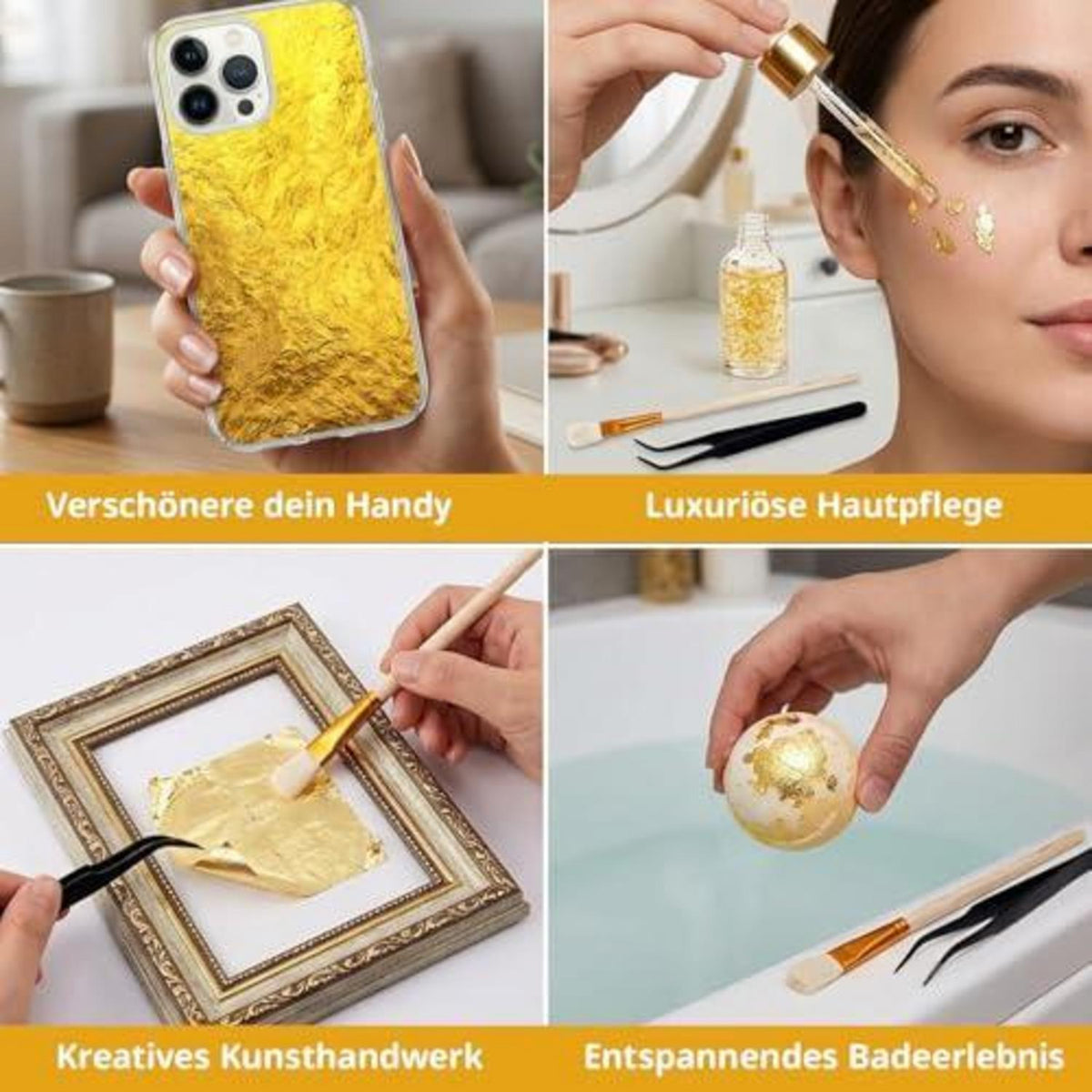 200 Blatt Blattgold Set mit Pinzette & Pinsel – Basteln & Dekorieren