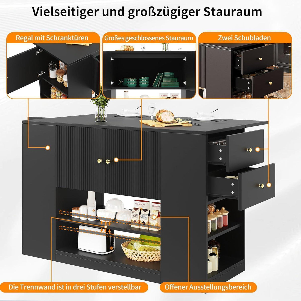 Klappbare Kücheninsel mit Schubladen & Regalen, Schwarz