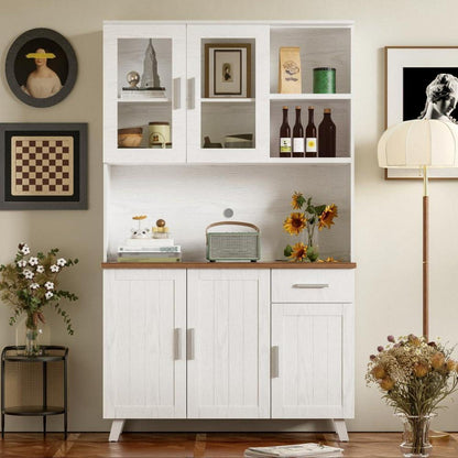 Weißes Sideboard mit Glastüren | 114x40x190 cm | Rustikaler Hochschrank