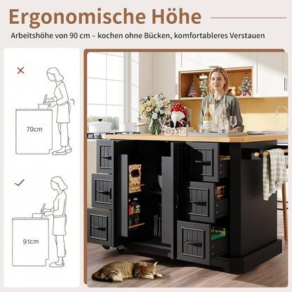 Rollbare Kücheninsel mit 2 Türen & 6 Schubladen, Schwarz