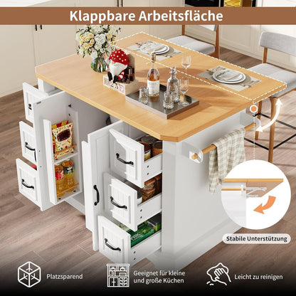 Rollbare Kücheninsel mit 2 Türen & 6 Schubladen, Weiß