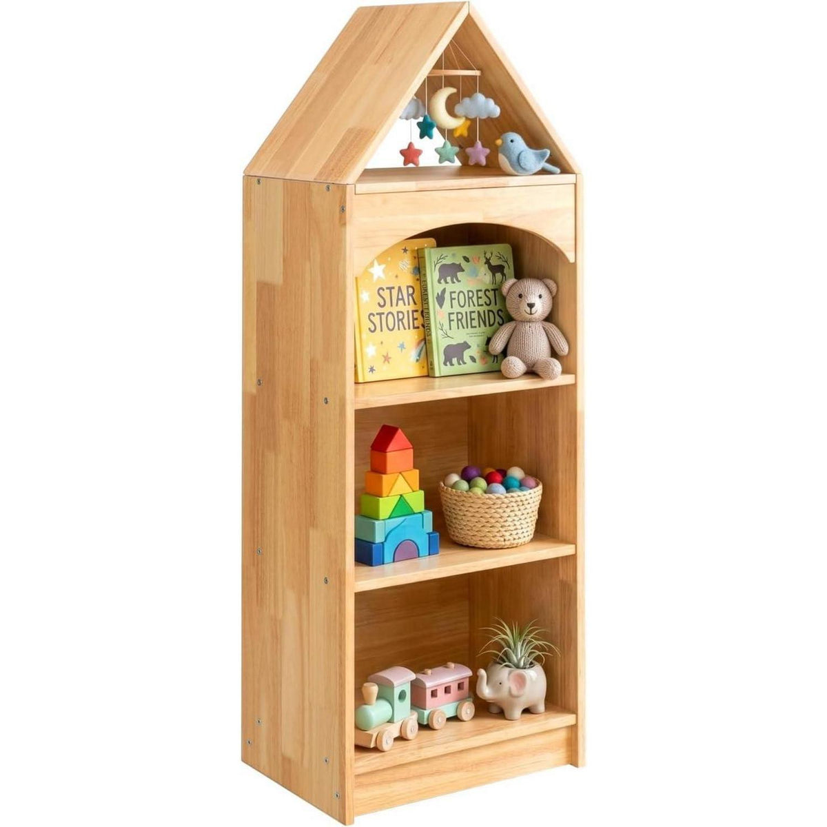 Kinderregal aus Gummiholz mit 4 Etagen – Eckregal für Kinderzimmer
