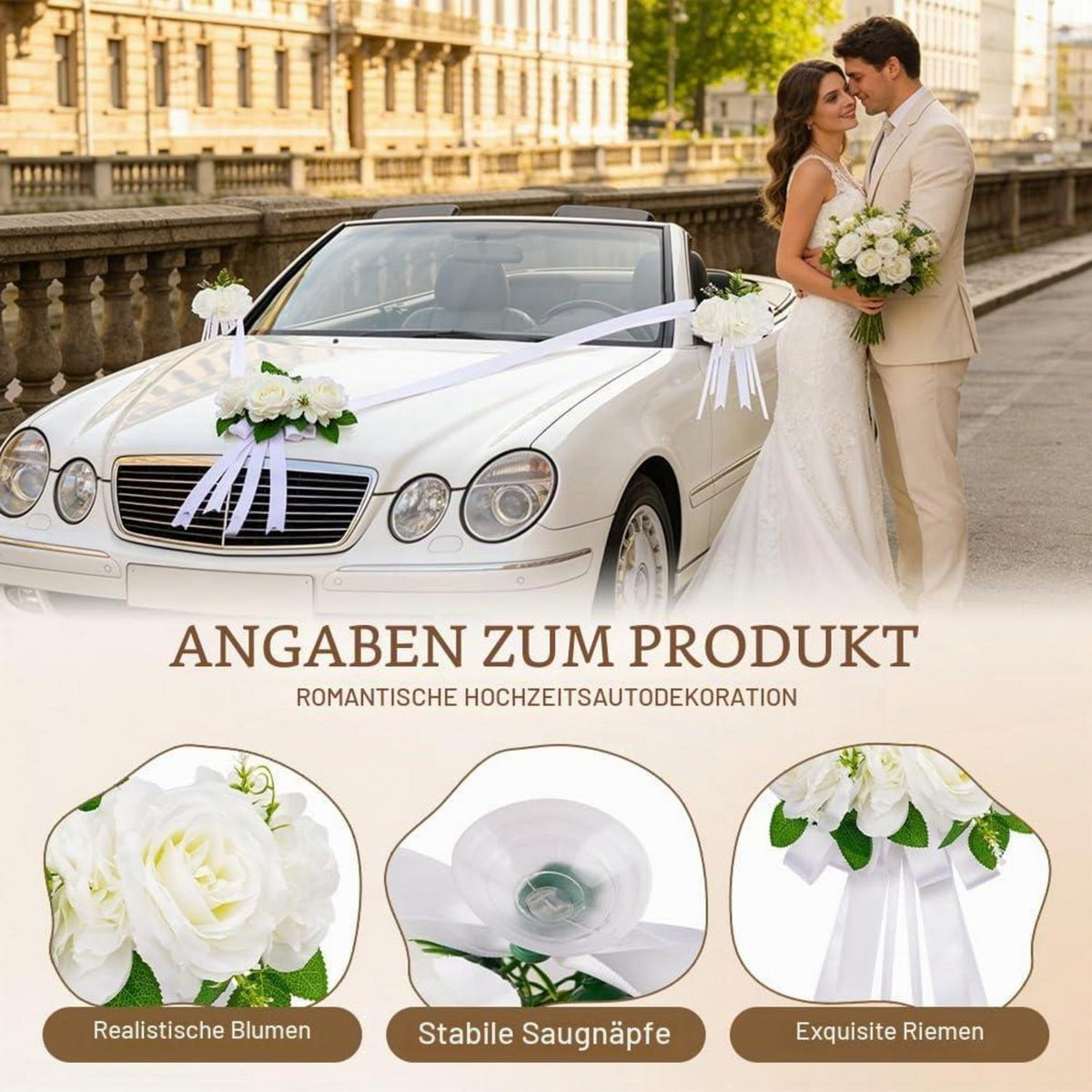 Hochzeitsauto Deko Set Weiß mit Rosen & Schleifen