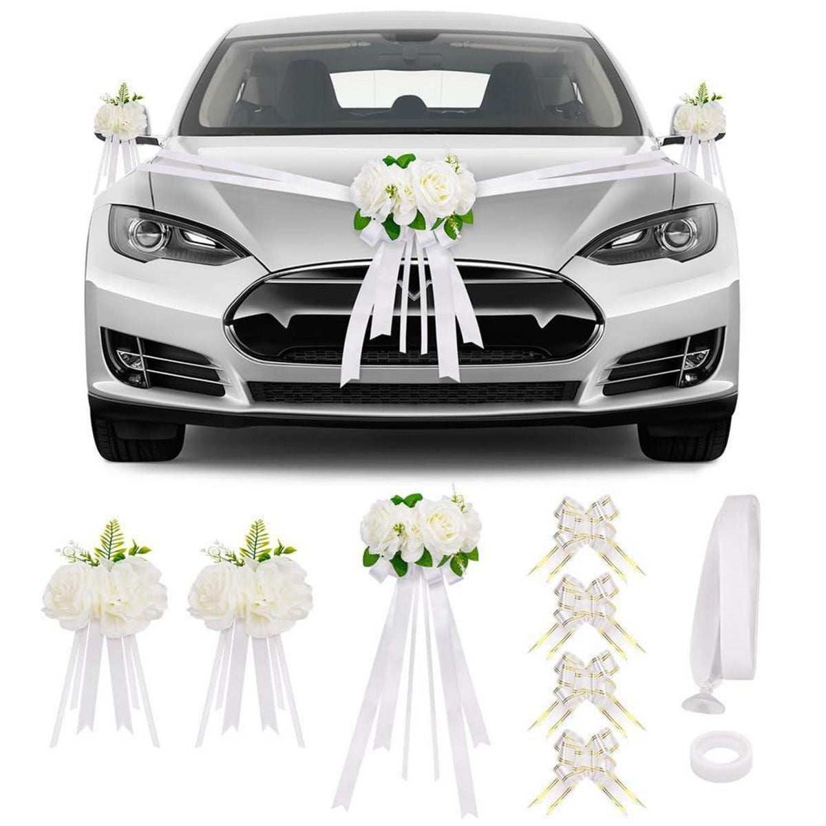 Hochzeitsauto Deko Set Weiß mit Rosen & Schleifen